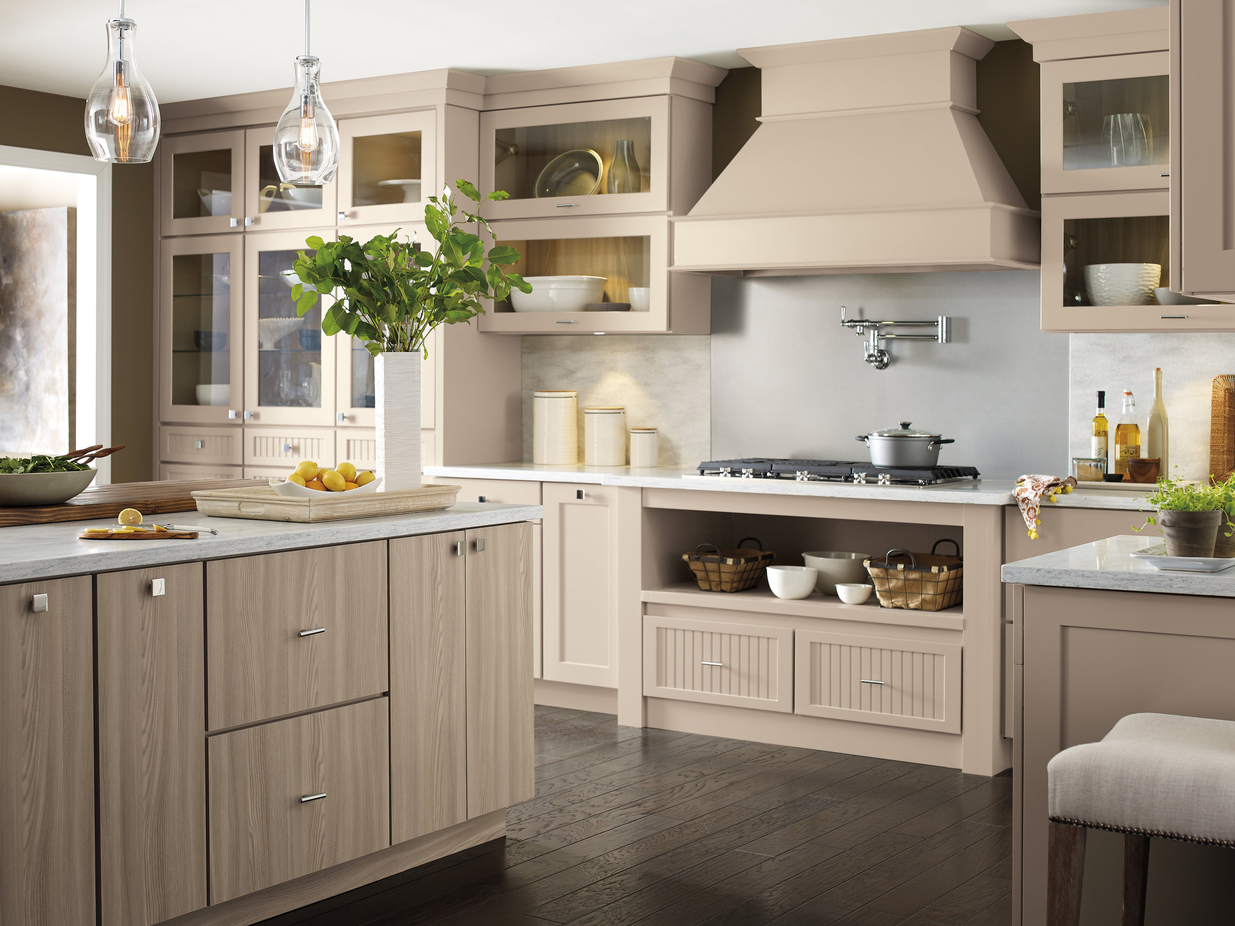 Nicole Janes Design Diamond Cabinetry Off White Kitchen Wood Hood Island