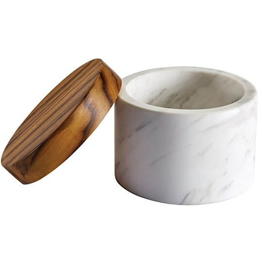 Anolon Pantryware White Marble Salt Cellar with Teak Wood Lid 5.25 Nicole Janes Design