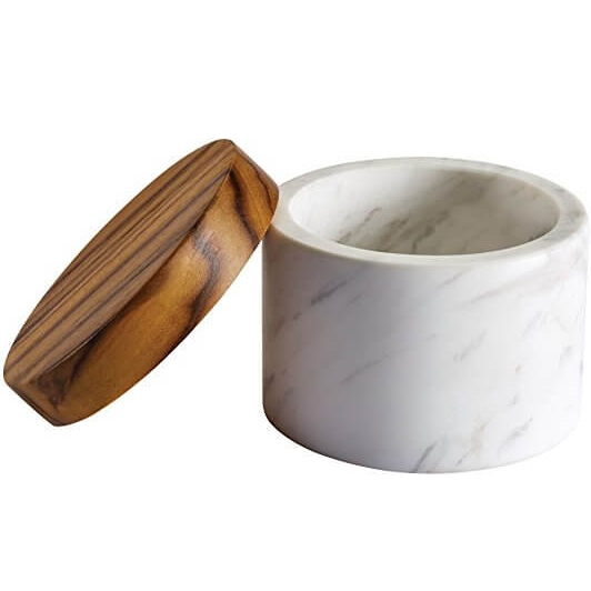 Anolon Pantryware White Marble Salt Cellar with Teak Wood Lid 5.25 Nicole Janes Design