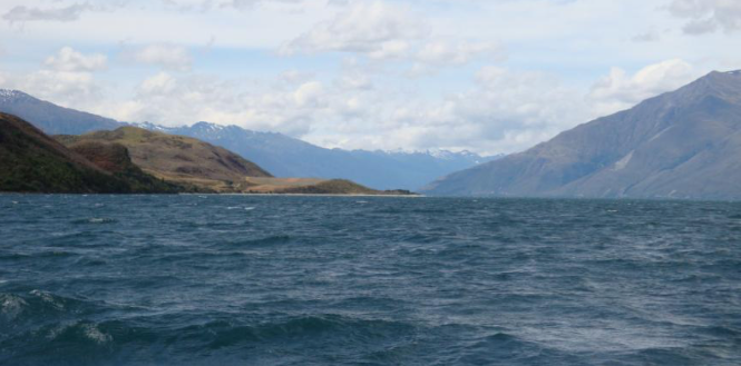 In the northern part of the lake, looking north along the glacial trough which the lake now occupies. Minaret Bay is at the left.