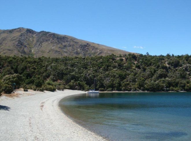 The beach on the southwestern side of Stevenson’s Island. There is a campsite here, and tracks lead off in various directions. Skippers should keep an eye out for a reef at the western end of the beach.
