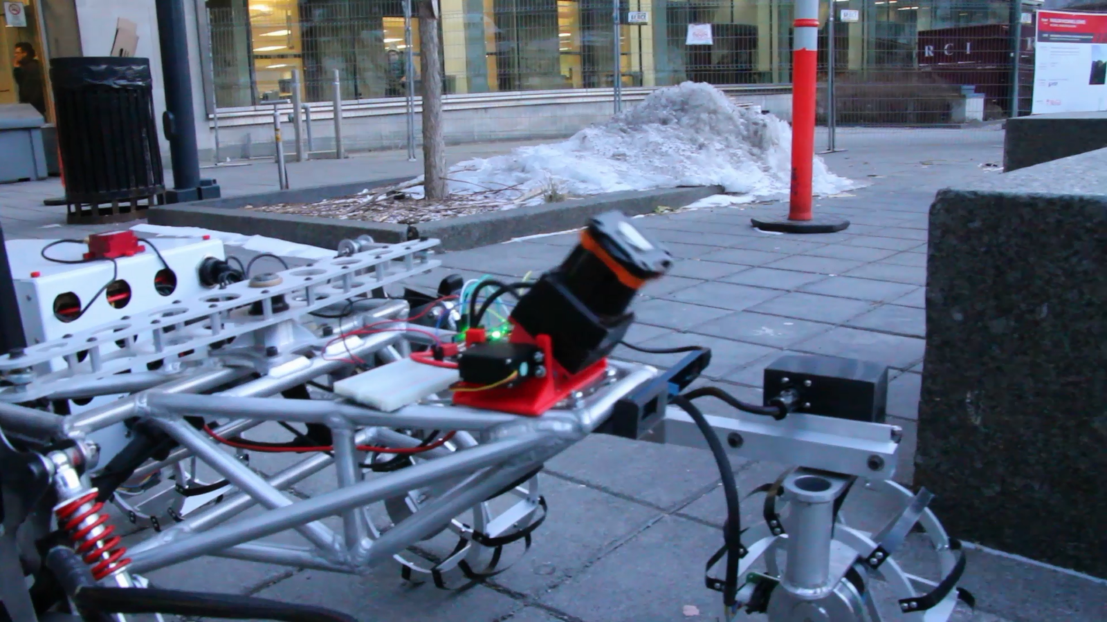 For the autonomous navigation task, our rover uses a tilting LiDAR and RGBD camera for obstacle avoidance (on this picture) and also uses other instruments such as an attitude sensor and GPS for general odometry and path planning.