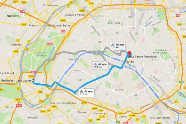   Pour aller du Centre Pompidou à Boulogne Google Maps ne propose pas de passer par les quais, ce qui serait pourtant l’itinéraire le plus simple à suivre.  