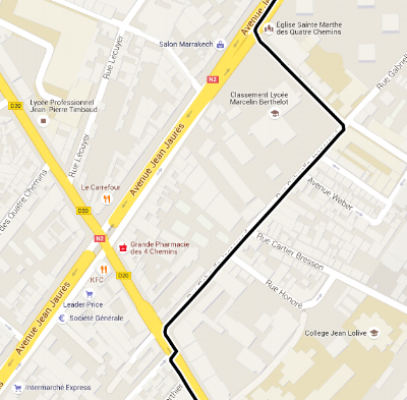  L’tinéraire proposé par CityMapper occasionne deux changements de direction lorsqu’un seul pourrait suffire en continuant sur l’avenue Jean Jaurès.  