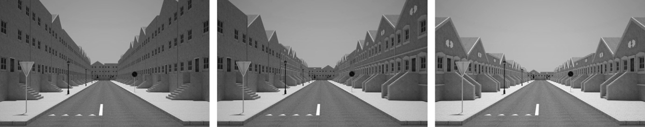 Paysages urbains utilisés dans l'étude de Lindal & Hartig (2013), du moins restauratif à gauche (façades simples, toits uniformes, immeubles de 3 étages), au plus restauratif à droite (façades détaillées, toits variés, immeubles de 1 étage).