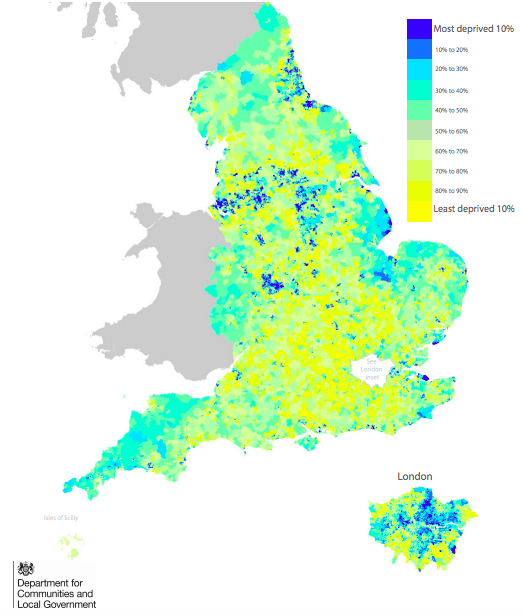  Infographie représentant l’English Index of Multiple Deprivation 2015 (données disponibles  ici ). 