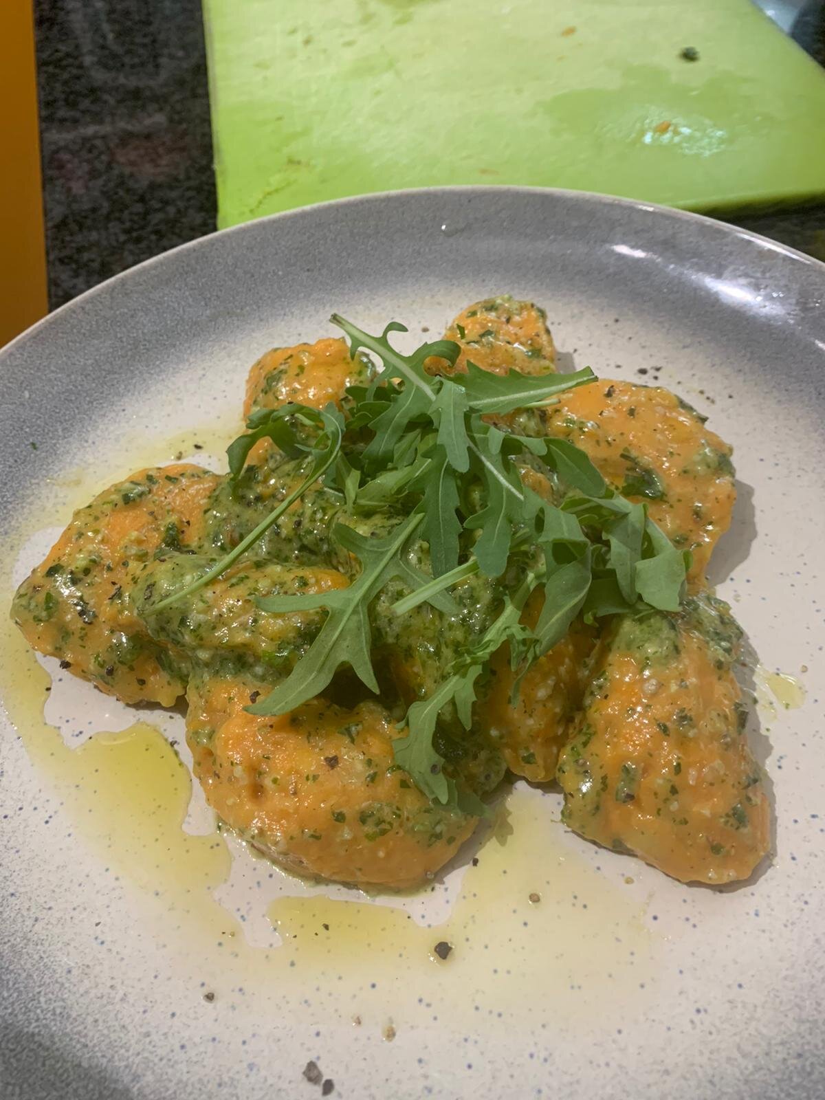 DAY 6- SWEET POTATO GNOCCHI WITH ROCKET, BASIL & ALMOND PESTO