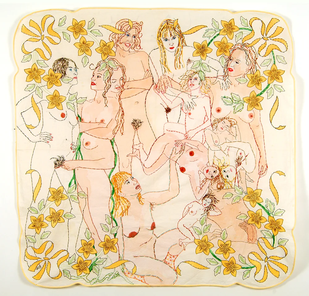 Allegory Hand stitched embroidery,appliqué and paint on vintage print table linen 50x50 inches.jpg