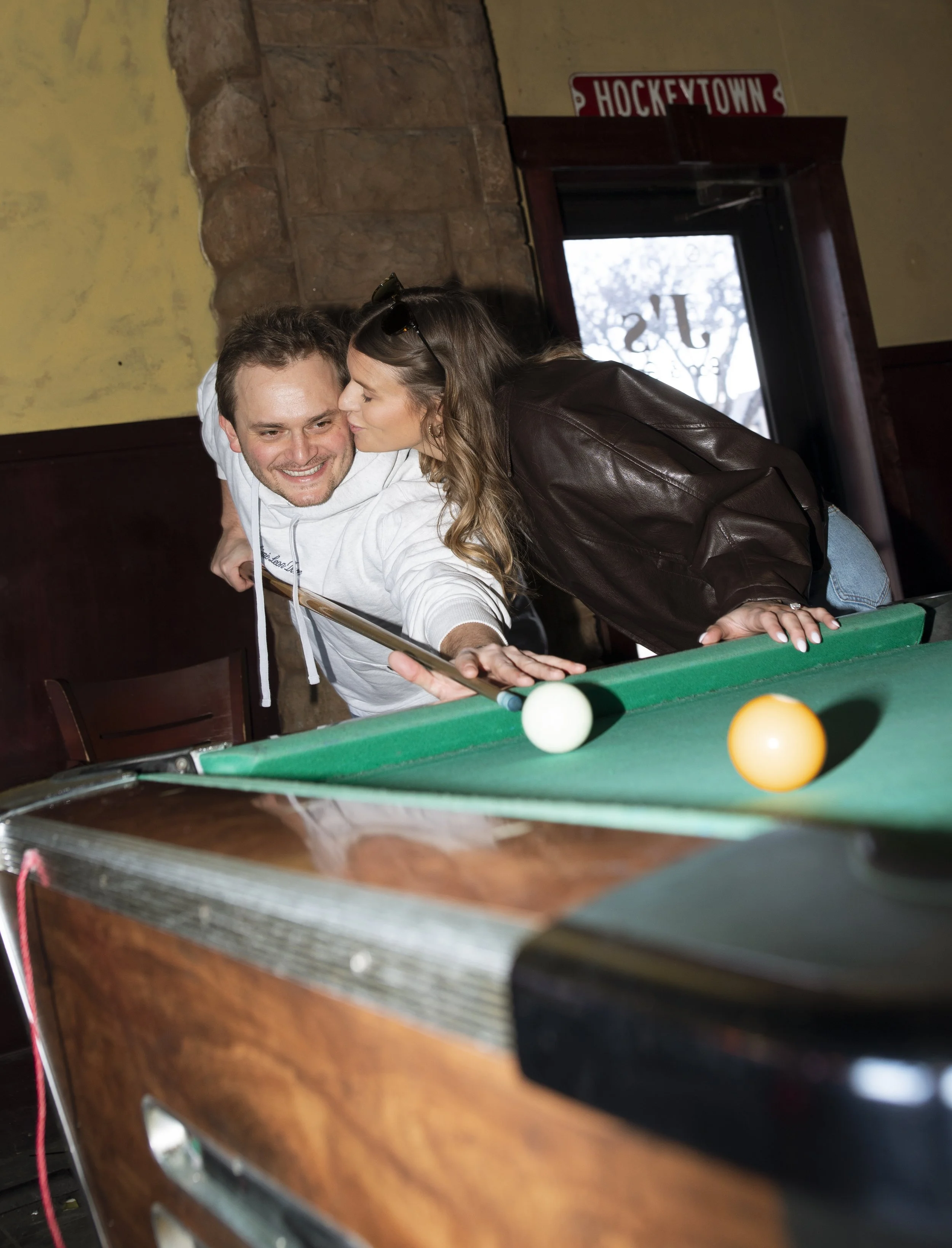 michigan engagement photographer, detroit engagement photos, dive bar engagement photos, pool engagement photos, candid engagement photos, flash engagement photos