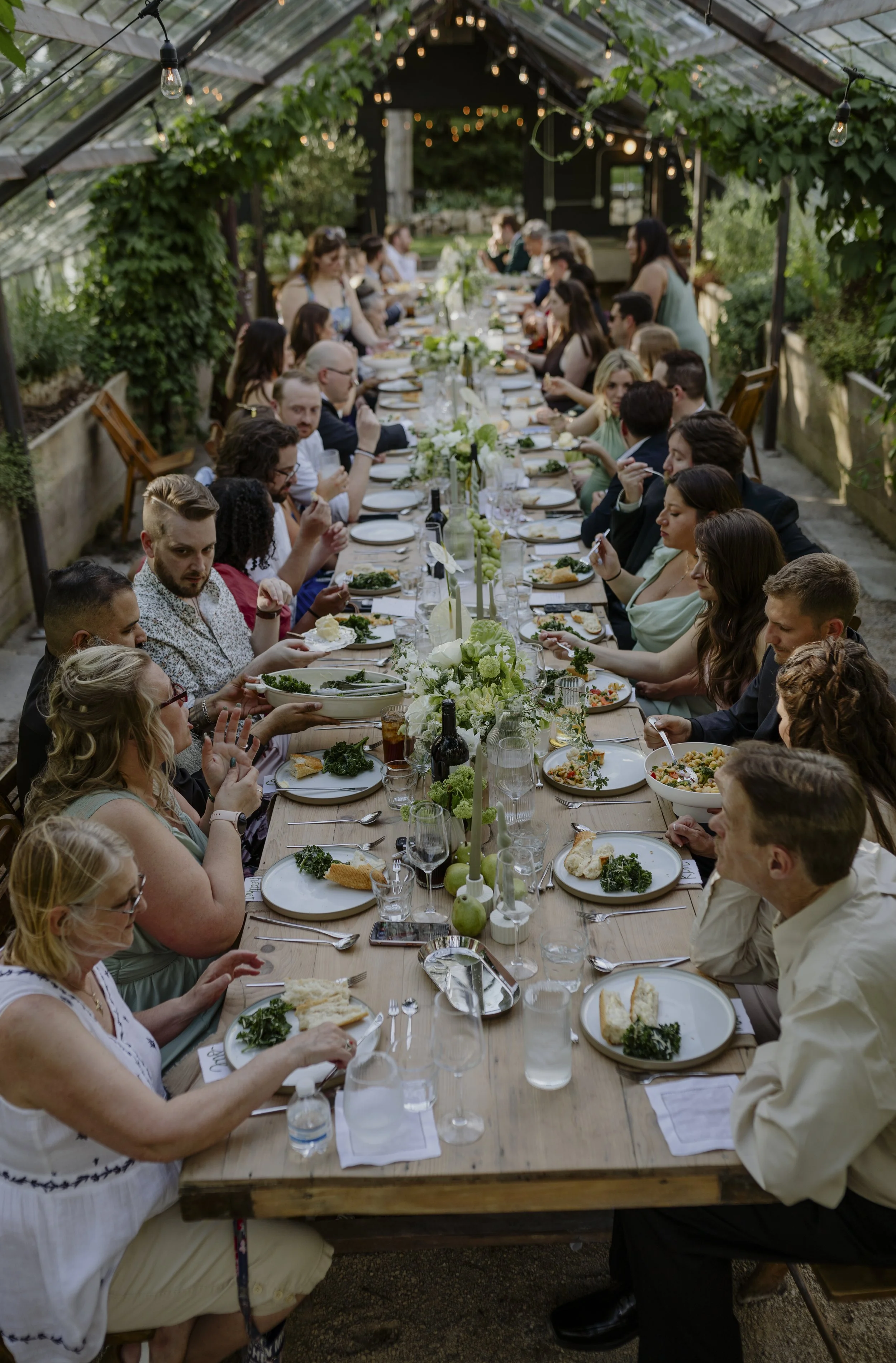 long table wedding dinner, family style dinner, intimate wedding