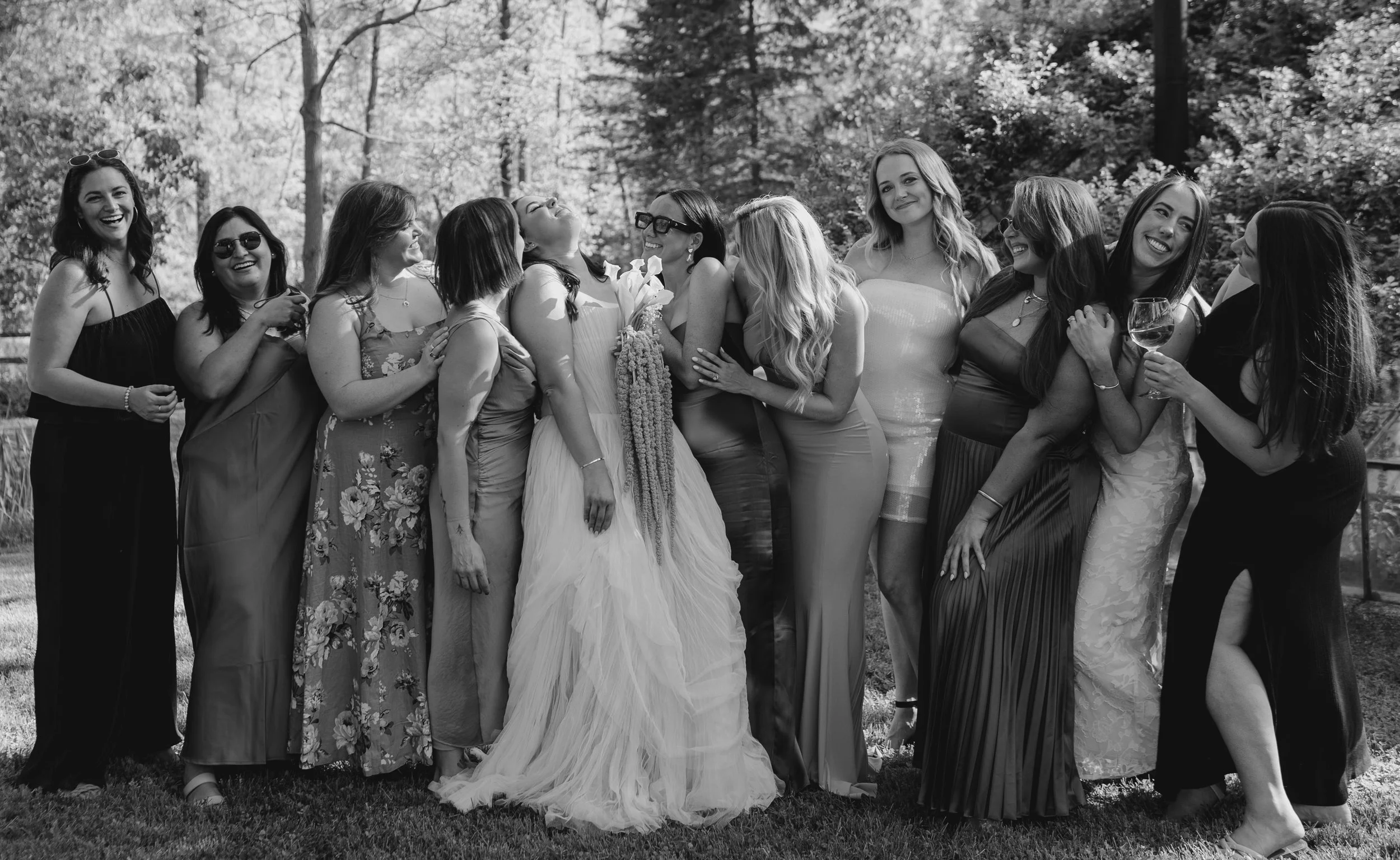 candid bridesmaid photos, laid back group photos, black and white wedding photos
