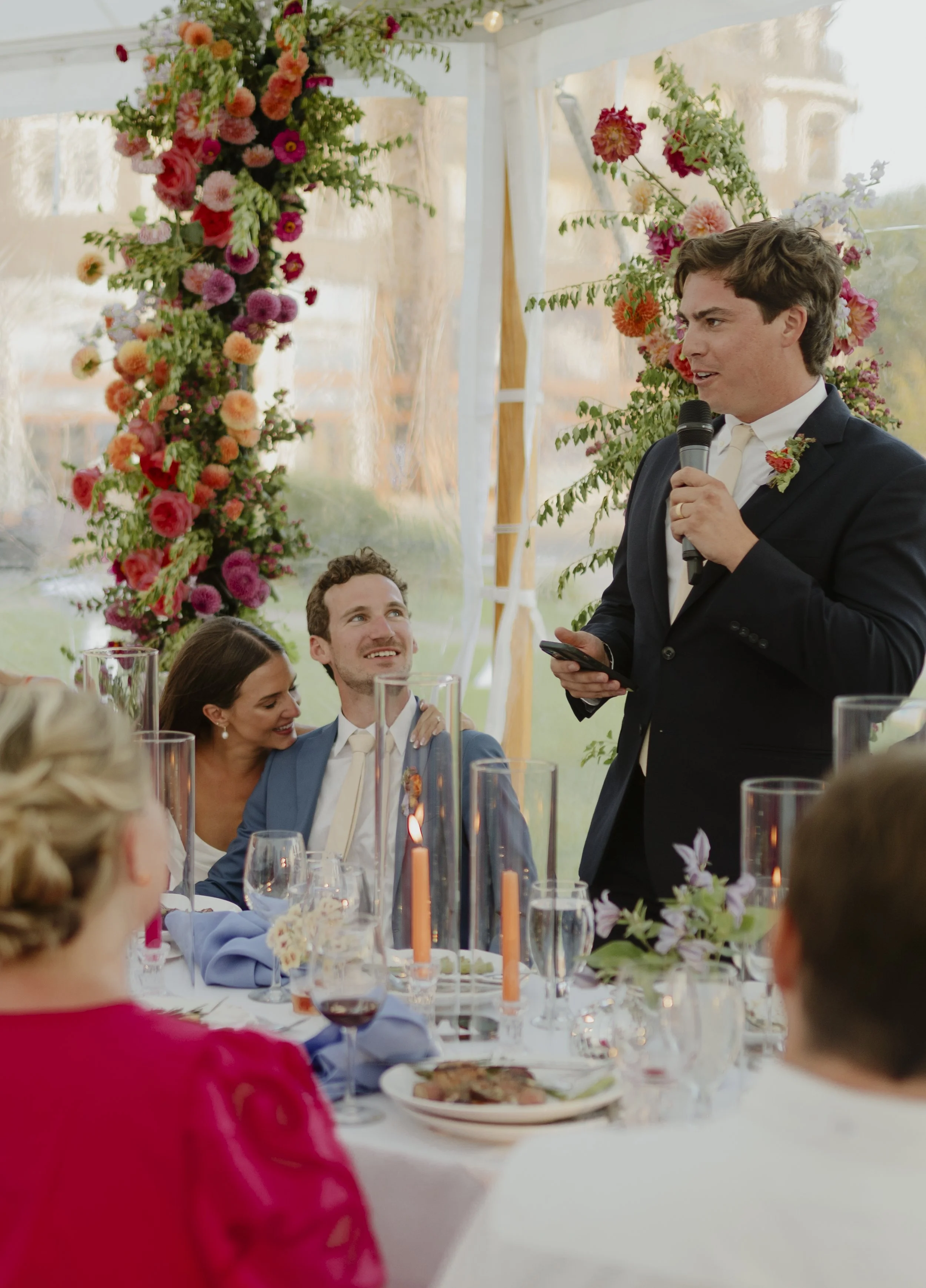 michigan wedding photographer, documentary wedding photographer, candid wedding photos, wedding speech photos, wedding reception inspo, colorful wedding, colorful wedding florals, unique wedding inspo