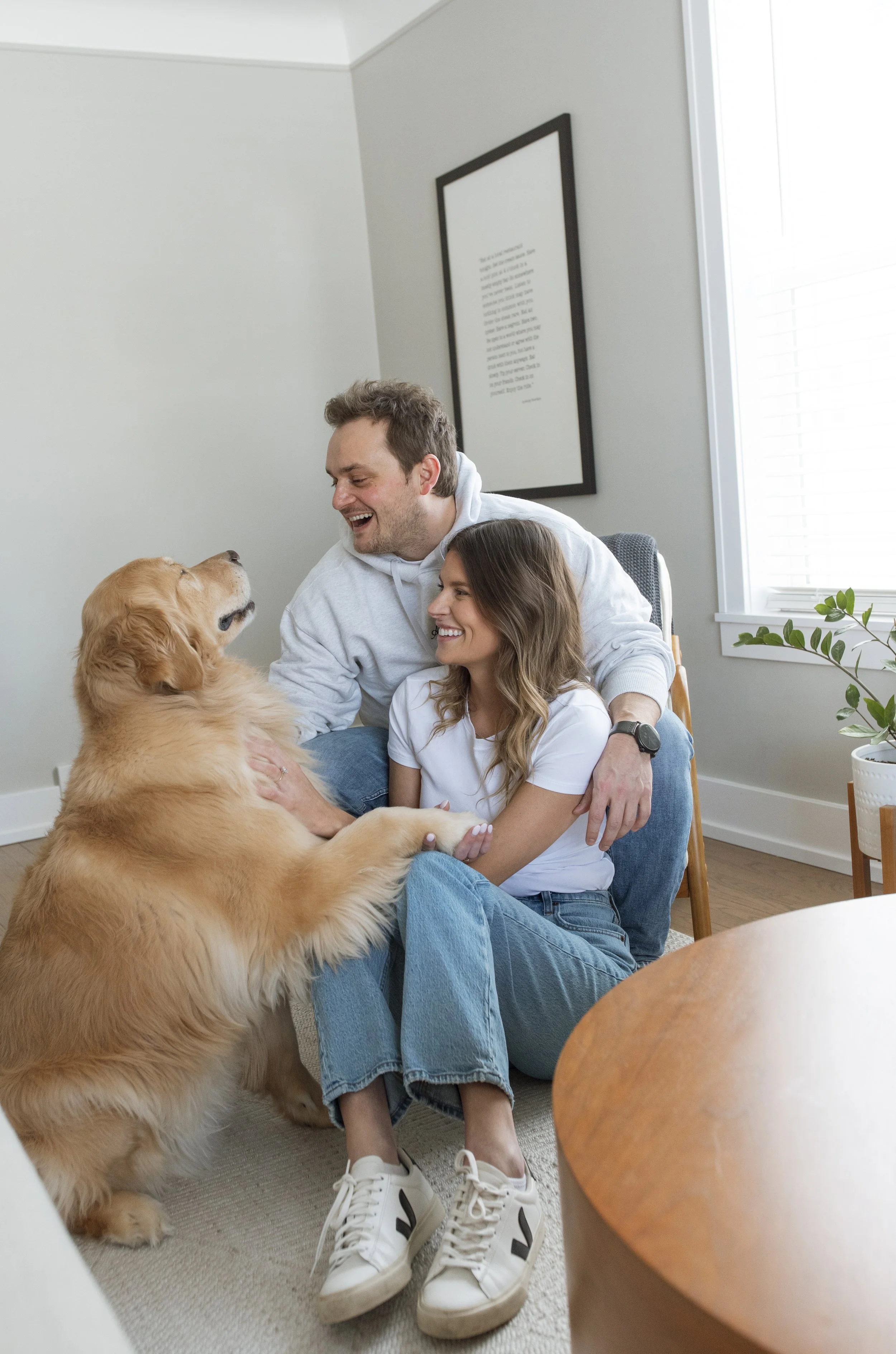 michigan engagement photographer, detroit engagement photos, in home engagement photos, engagement photos with dog, candid engagement photos, true to color photography