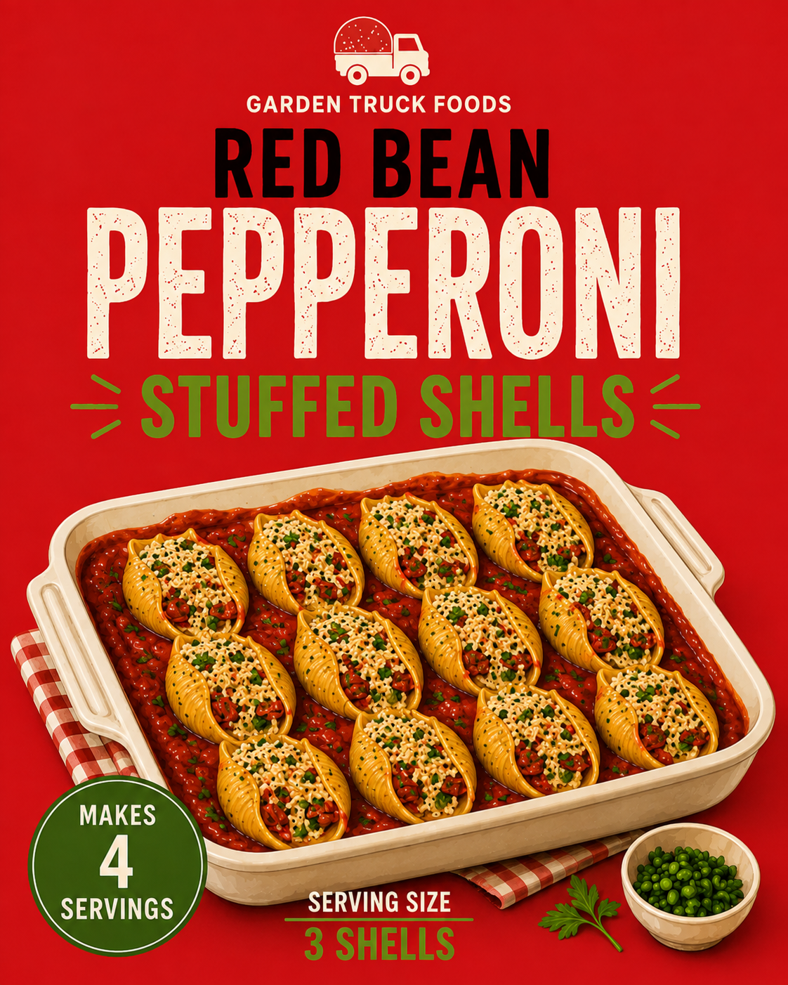 Package of garden truck foods' Red Bean Pepperoni Stuffed Shells showing a tray of pasta shells filled with red beans and topped with cheese and herbs, with a side of chopped green herbs.
