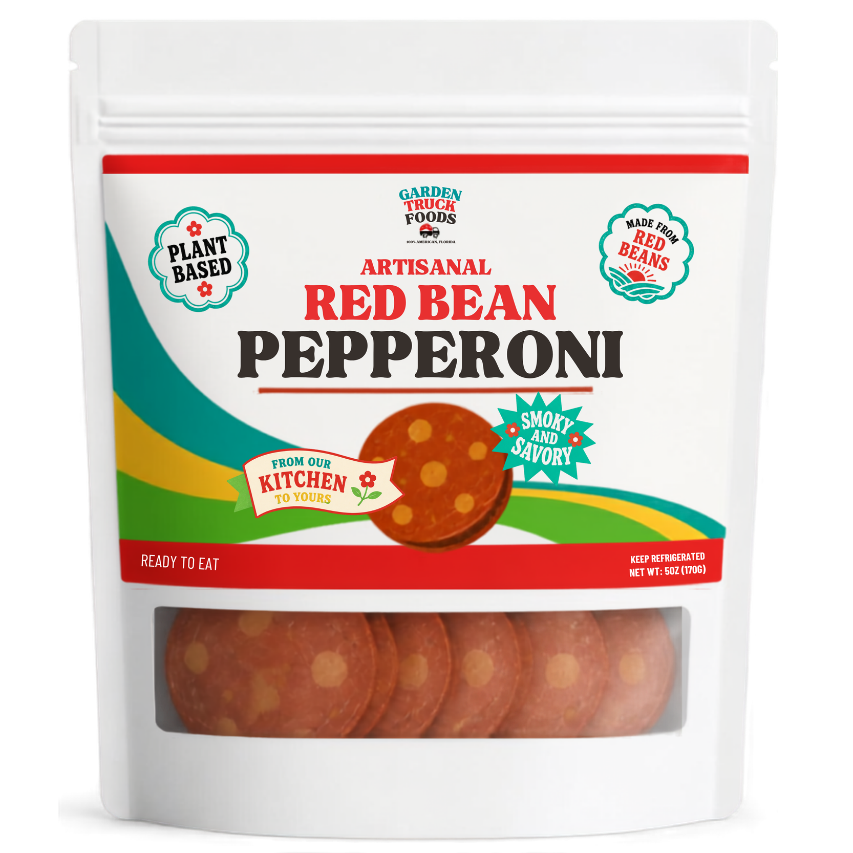 Package of Garden Truck Foods artisan red bean pepperoni with a window showing slices of pepperoni inside.