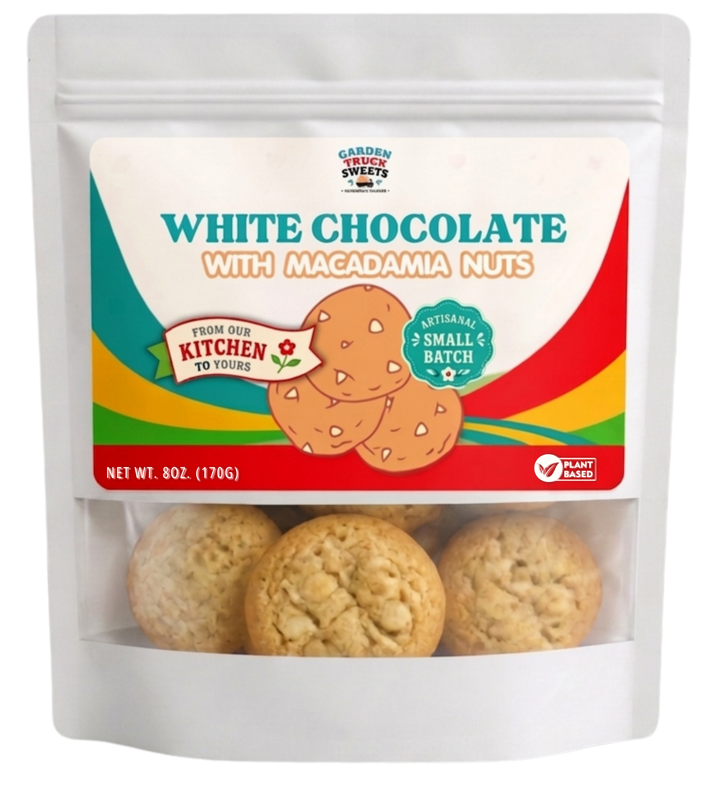 Package of white chocolate macadamia nut cookies with a colorful label indicating they are small batch and plant based, with some cookies visible at the bottom of the package.