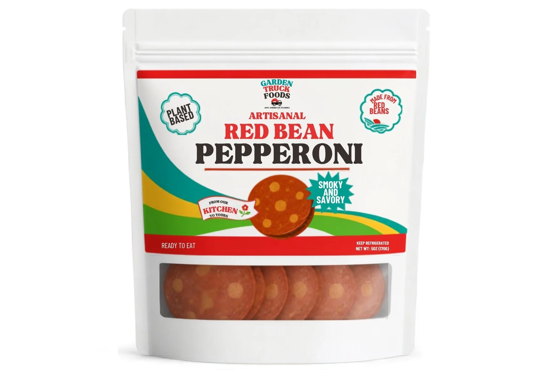 Pack of artisanal red bean pepperoni slices, vegan, smoky, savory, ready to eat, kept refrigerated, produced from red beans.