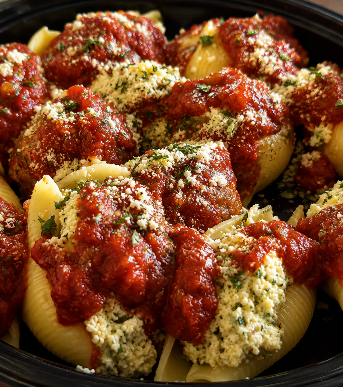 Baked stuffed pasta shells topped with marinara sauce, ricotta cheese, and chopped herbs.