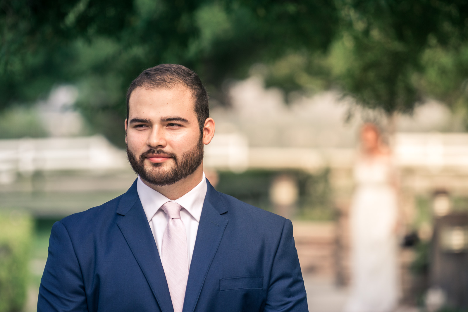 Portrait of groom waiting and  Anticipating His bride On their wedding day for the first look in Brea California
