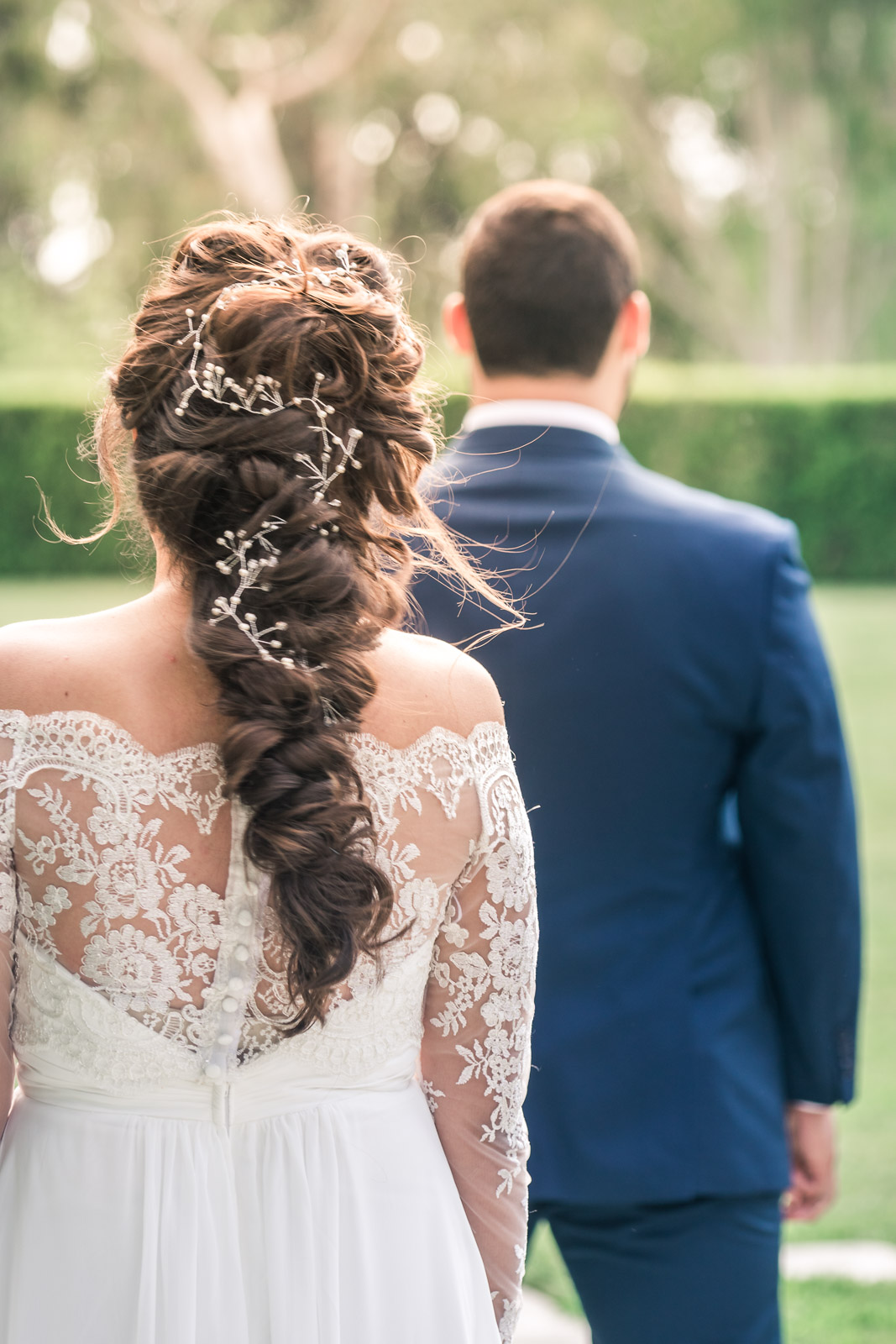 Portrait of groom waiting and  Anticipating His bride On their wedding day for the first look in Brea California