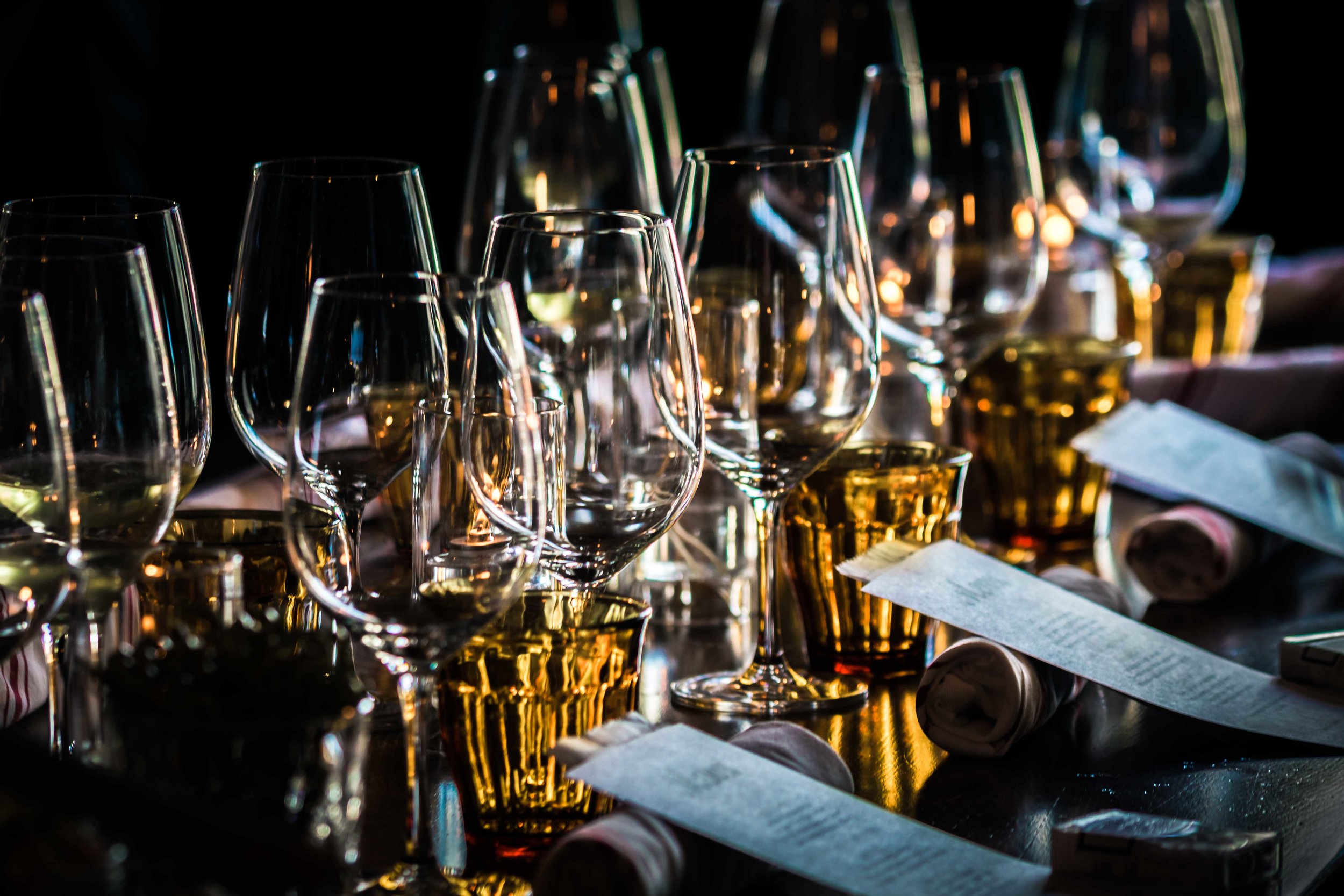 Wine glasses and tables at the Royal hen for the wedding reception