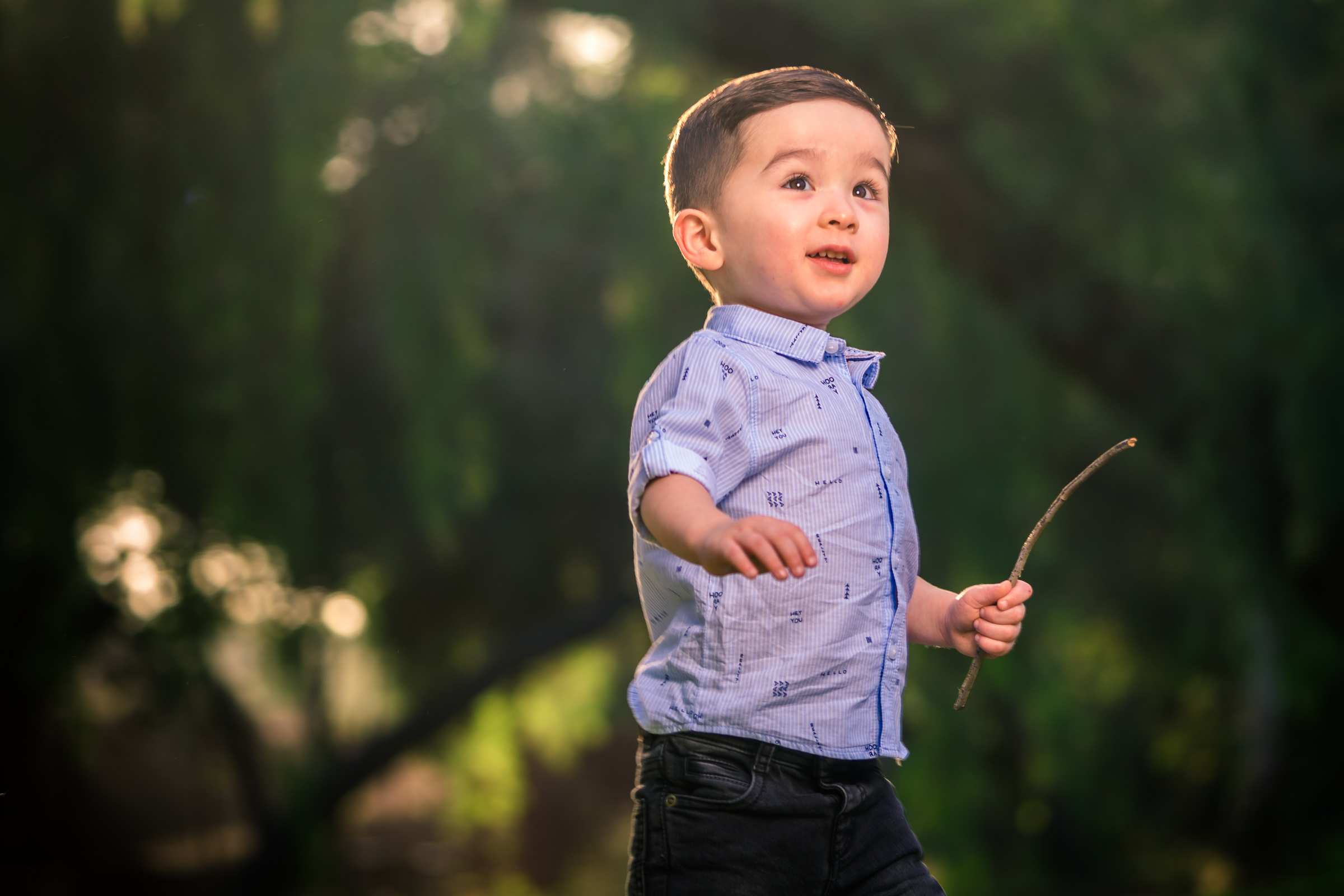 little boy portrait during a Family portrait photo shoot in Fullerton on the Juanita Cooke Hiking Trail with green trees and grass and the golden hour sun