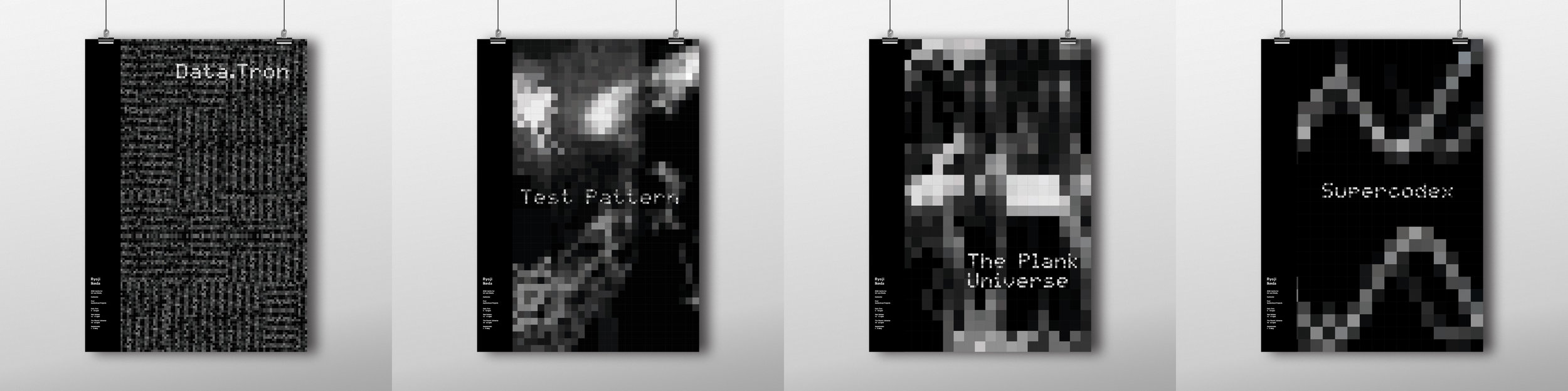 Ryoji Ikeda is a Japanese electronic composer and visual artist. The aim of this project is to create a visual system, presented a series of posters and a screen-based sequence, that echoes with Ryoji Ikeda's work. Posters are designed with a pixelized system. Just as Ikeda's music is concerned primarily with sound in a variety of 'raw' states, my visual system also plays around 'raw' visual elements: pixels. The outcomes showcase are created for the purpose of raising the curiosity from the perspective of the audience at the exhibition.