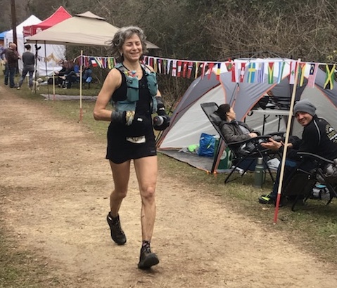Susan Donnelly finishing Rocky Raccoon 100 mile race.