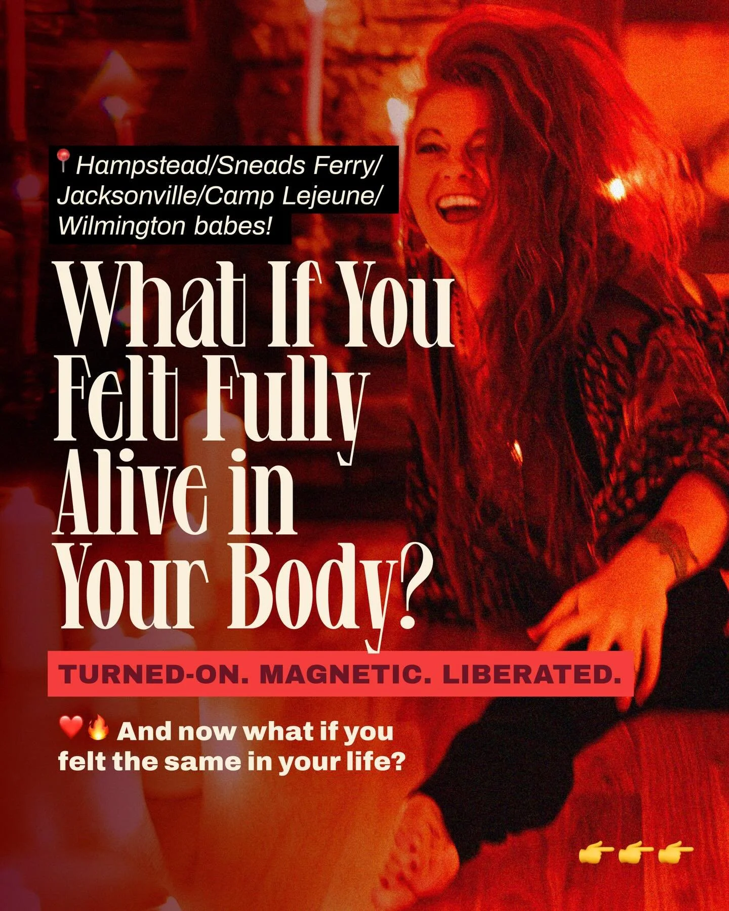 Hampstead/Jacksonville/⁠Wilmington/Camp Lejeune/Sneads Ferry/Topsail NC babes!⁠
⁠
⁠❤️&zwj;🔥 I&rsquo;d like to invite you to join our upcoming Esoerotic Awakening feminine, embodied dance workshop!
⁠
Sunday, March 1st
1&ndash;3 pm
Holly Ridge, NC
⁠
B