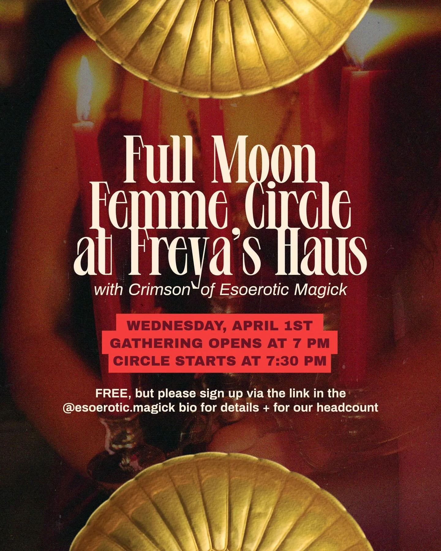 🌕 Join us April 1st for our Full Moon Femme Circle at @freyashaus with @crimson.minx of @esoerotic.magick!

🕰️ Gathering opens at 7pm, Circle starts at 7:30pm

Join us on the Venus-ruled Libra Full Moon as we discuss the current astrological energy