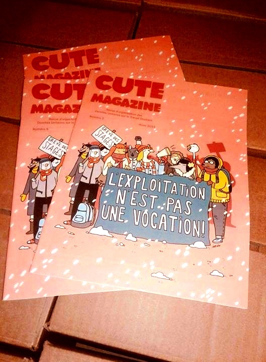  🎊 Le nouveau CUTE magazine est maintenant prêt à être distribué, avec une superbe couverture d' Iris  !     Au sommaire, des textes critiques d'auteur.es d'ici et d'ailleurs en appui à la grève des stagiaires à venir cet hiver.  🔹Éditorial - Les m