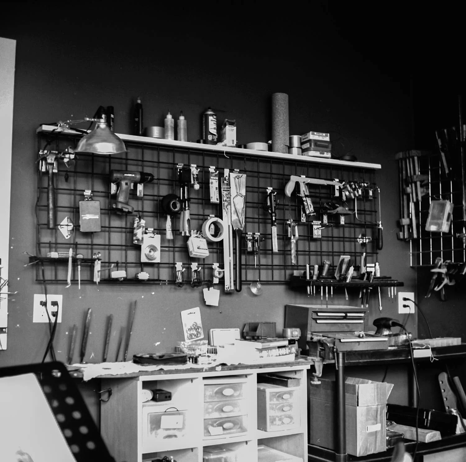 Tools hang in Rob's back office/shop. 