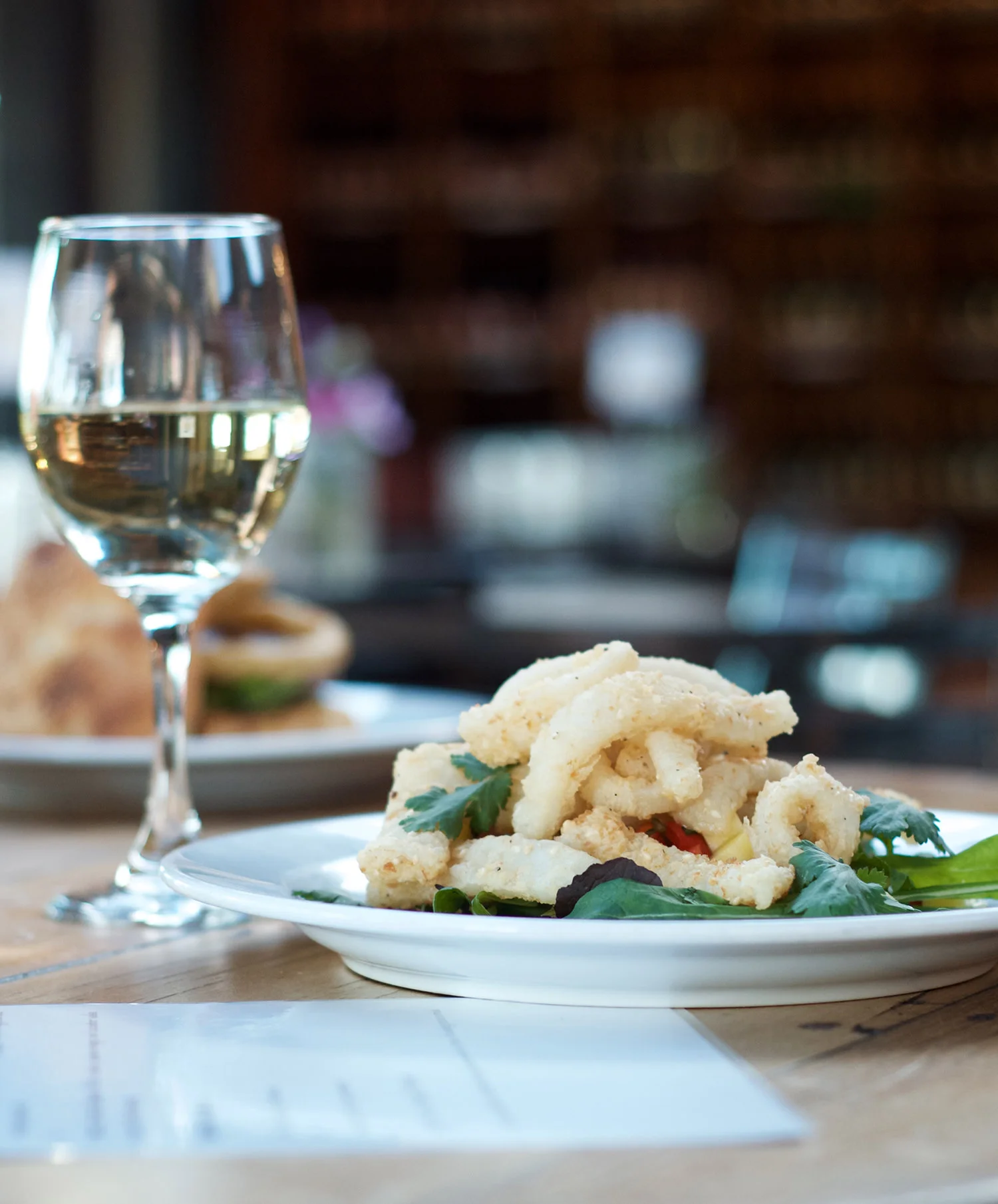 Calamari and wine at the restaurant at Crab Farm Winery