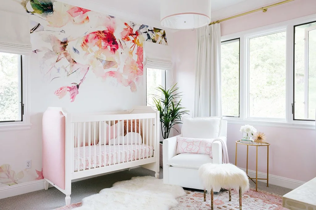 Wallpaper , Window Treatments , Crib , Bedding , Glider , Blush Rug , Sheepskin Rug (Home Goods) similar + here , Side Table , Fur Stool , Pendant Light