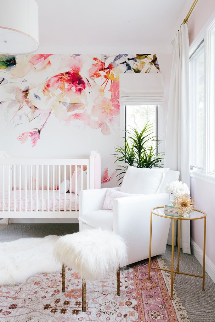 Glider , Side Table , Blush Rug , Sheepskin Rug (Home Goods) similar + here , Fur Stool , Roman Shade + Drapes , Wallpaper , Crib , Bedding , Pendant Light