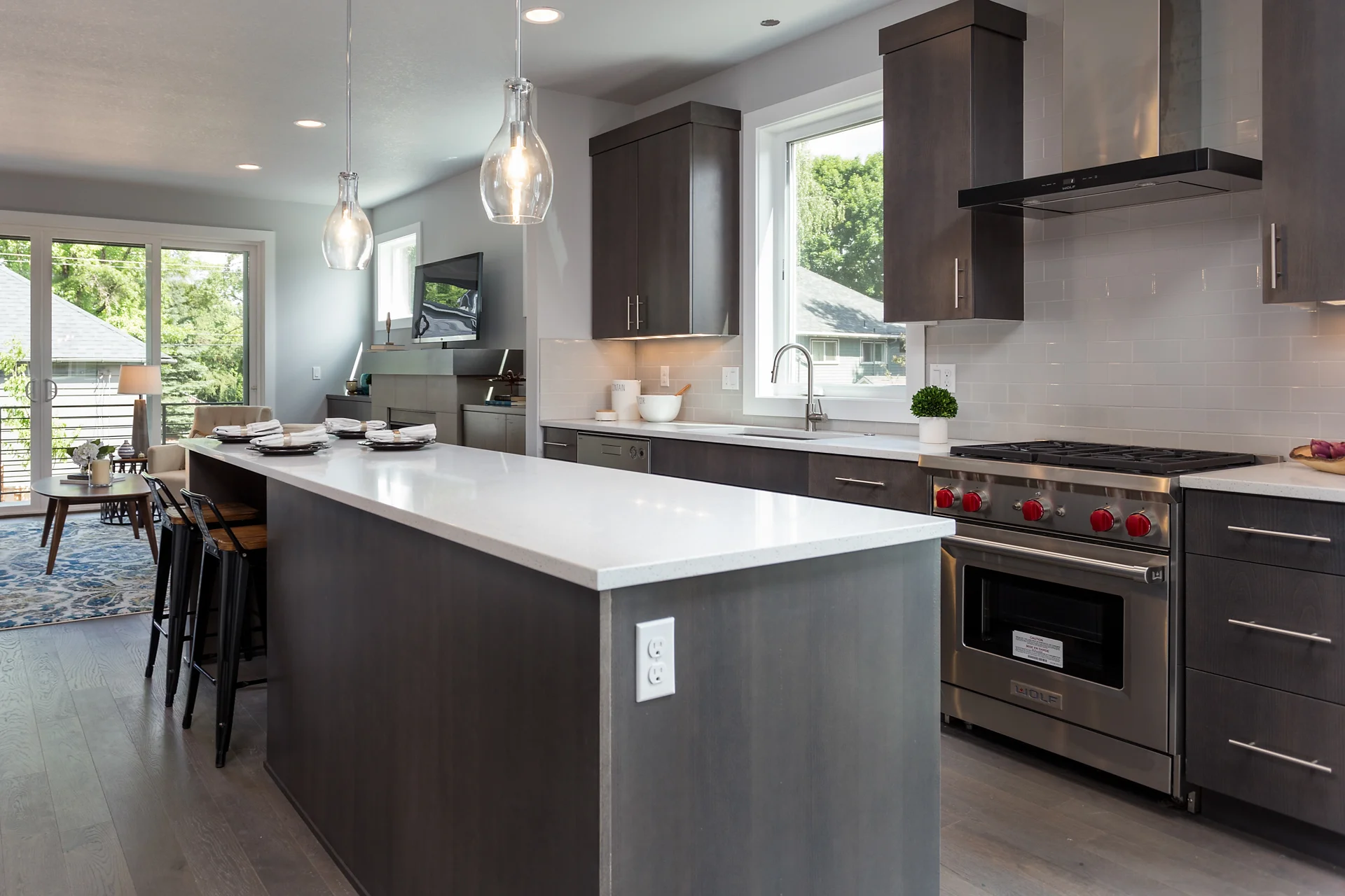 Kitchen with huge island and eating bar.
