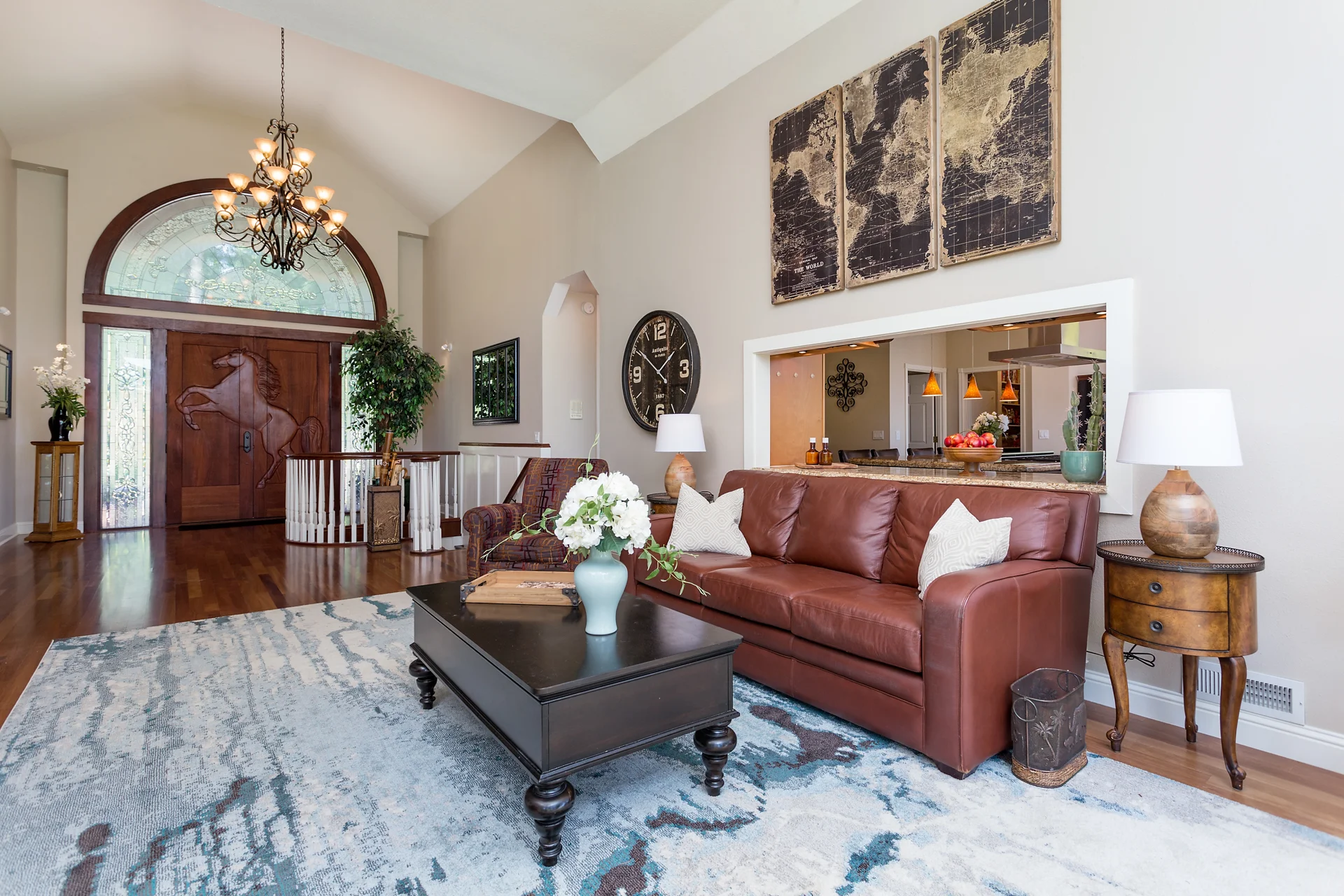 Grand living room with pass-through window to kitchen.