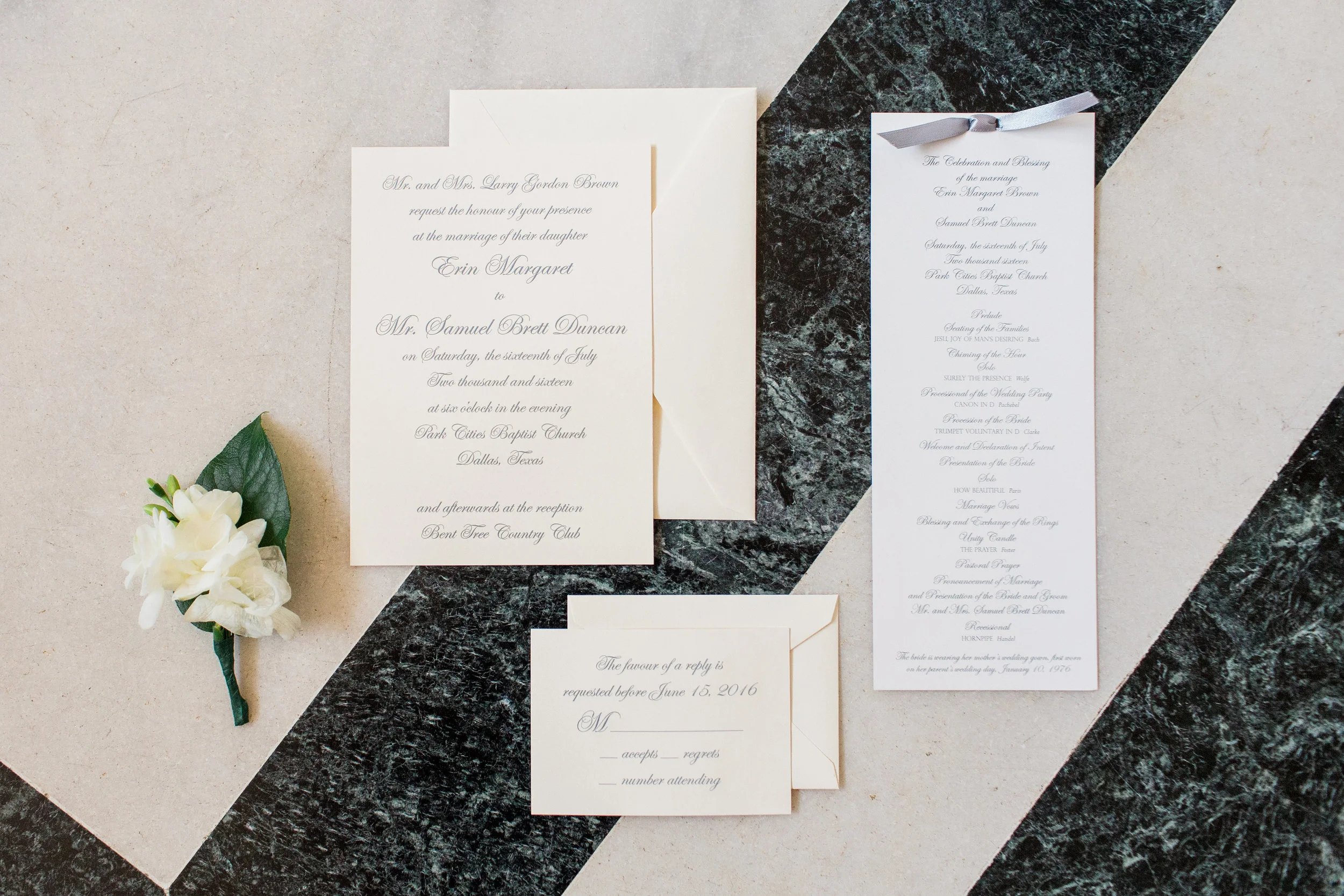 Our invitations came from Paper Affair in Dallas and they were classic engraved invitations. 