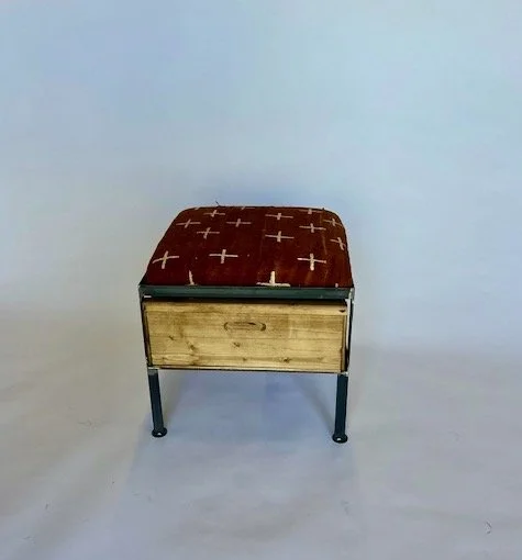 Single Box ottoman with Vintage African Mud cloth cushion and free shipping