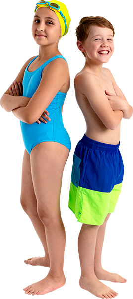 A girl (Swim) and boy (Well) standing back to back in their togs.