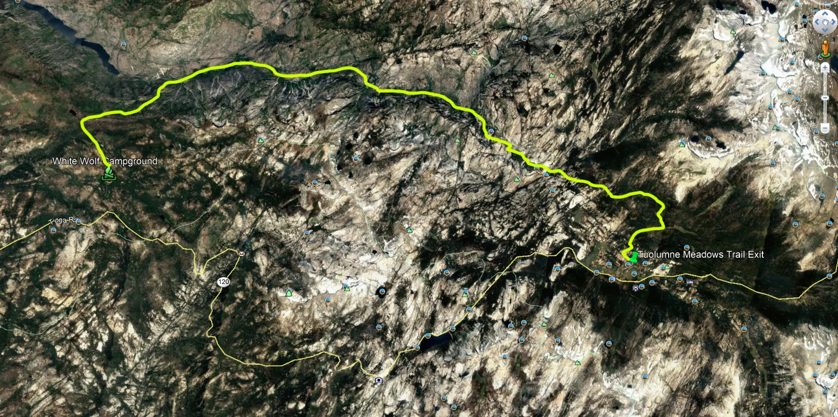 White Wolf Campground to Tuolumne Meadows - The map of the Grand Canyon of the Tuolumne Hike.