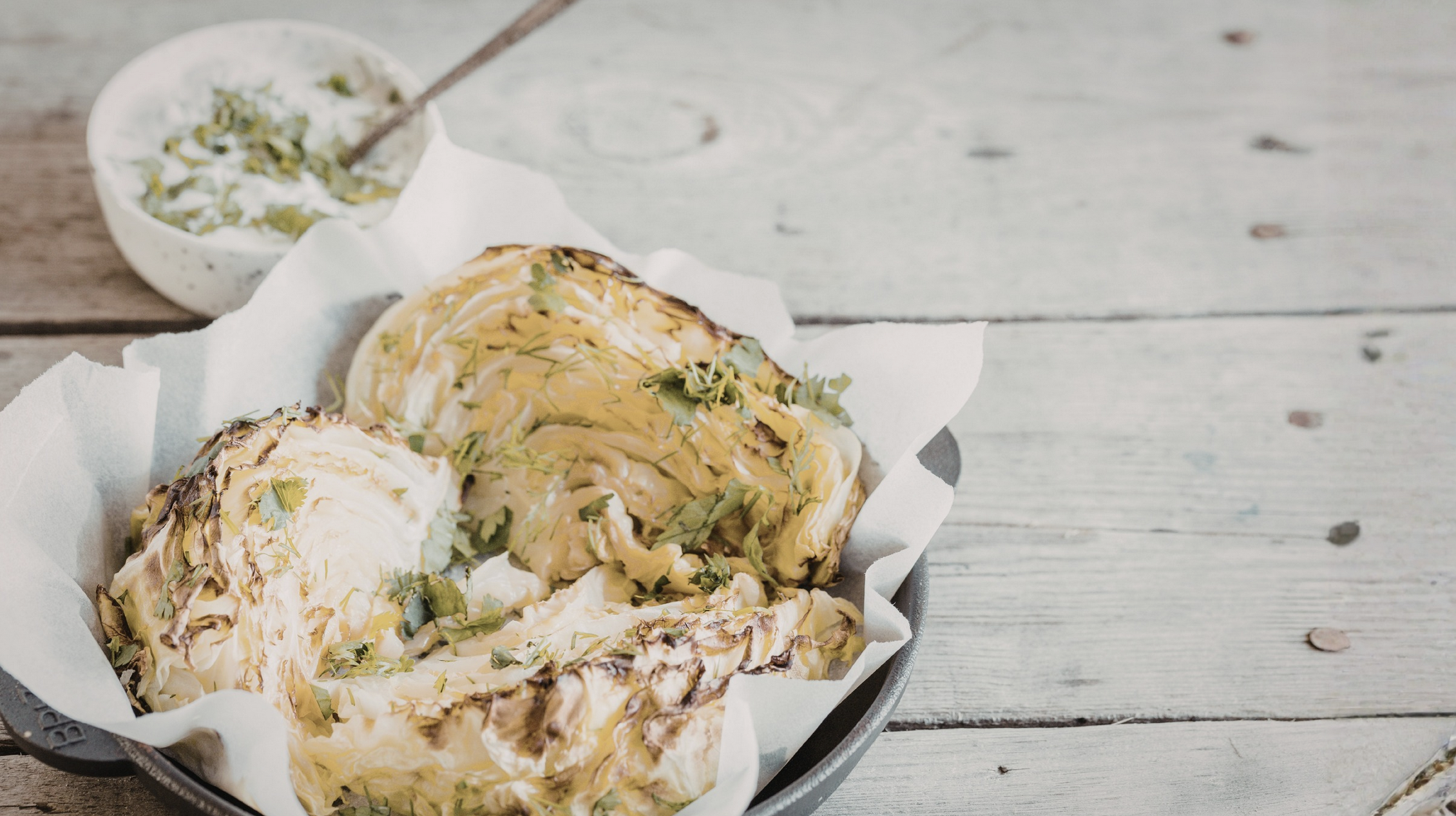 Roasted cabbage with tofu cream and walnut