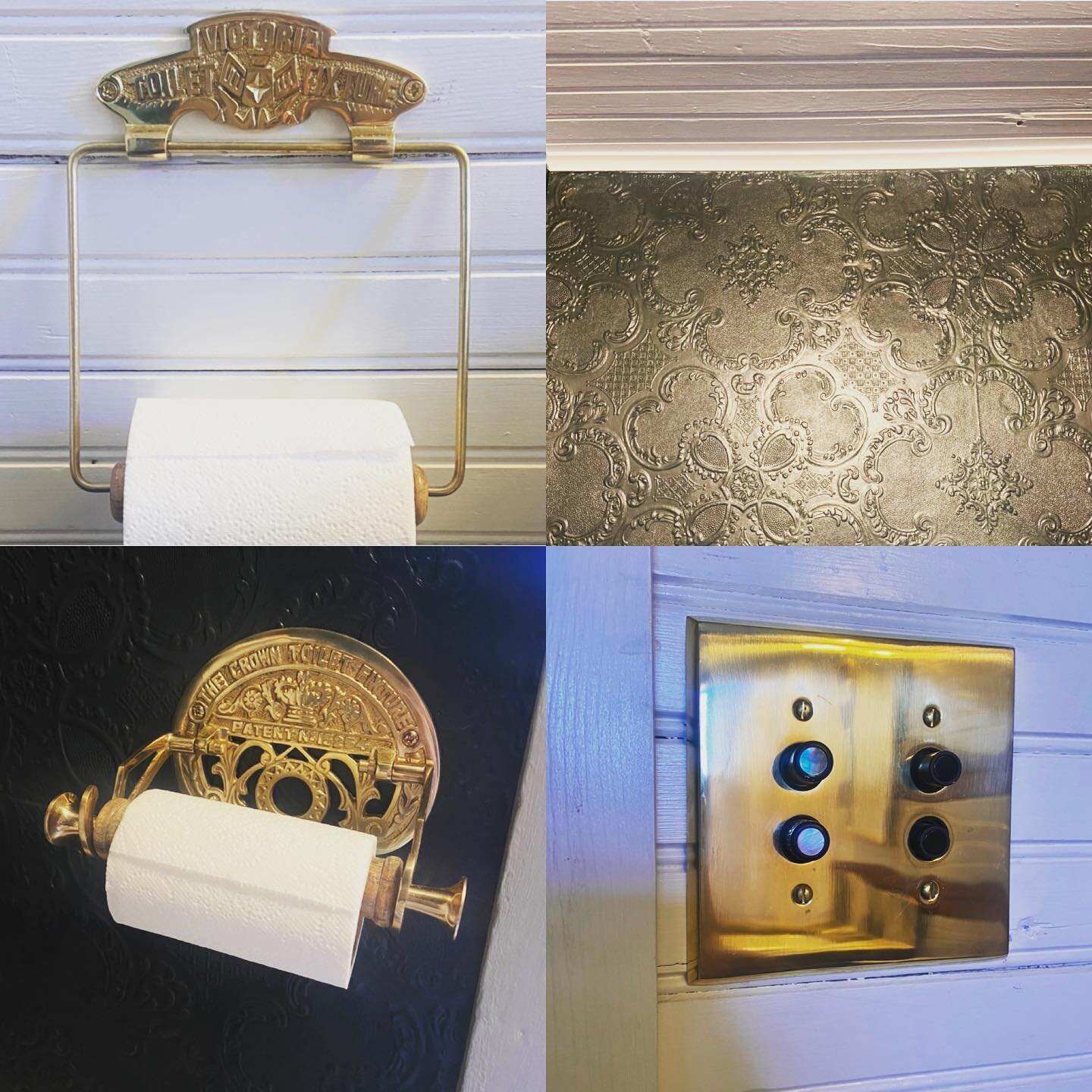 Details #brassdetails #toiletpaperholder #pushbuttonswitch #pushbuttonlightswitch #motherofpearl #anaglypta #anaglyptawallpaper #beadboard #beadboardceiling #rookwoodshuttergreen #brass #brassaccents #brassfixtures #brassfaceplate #victoriatoiletfixt