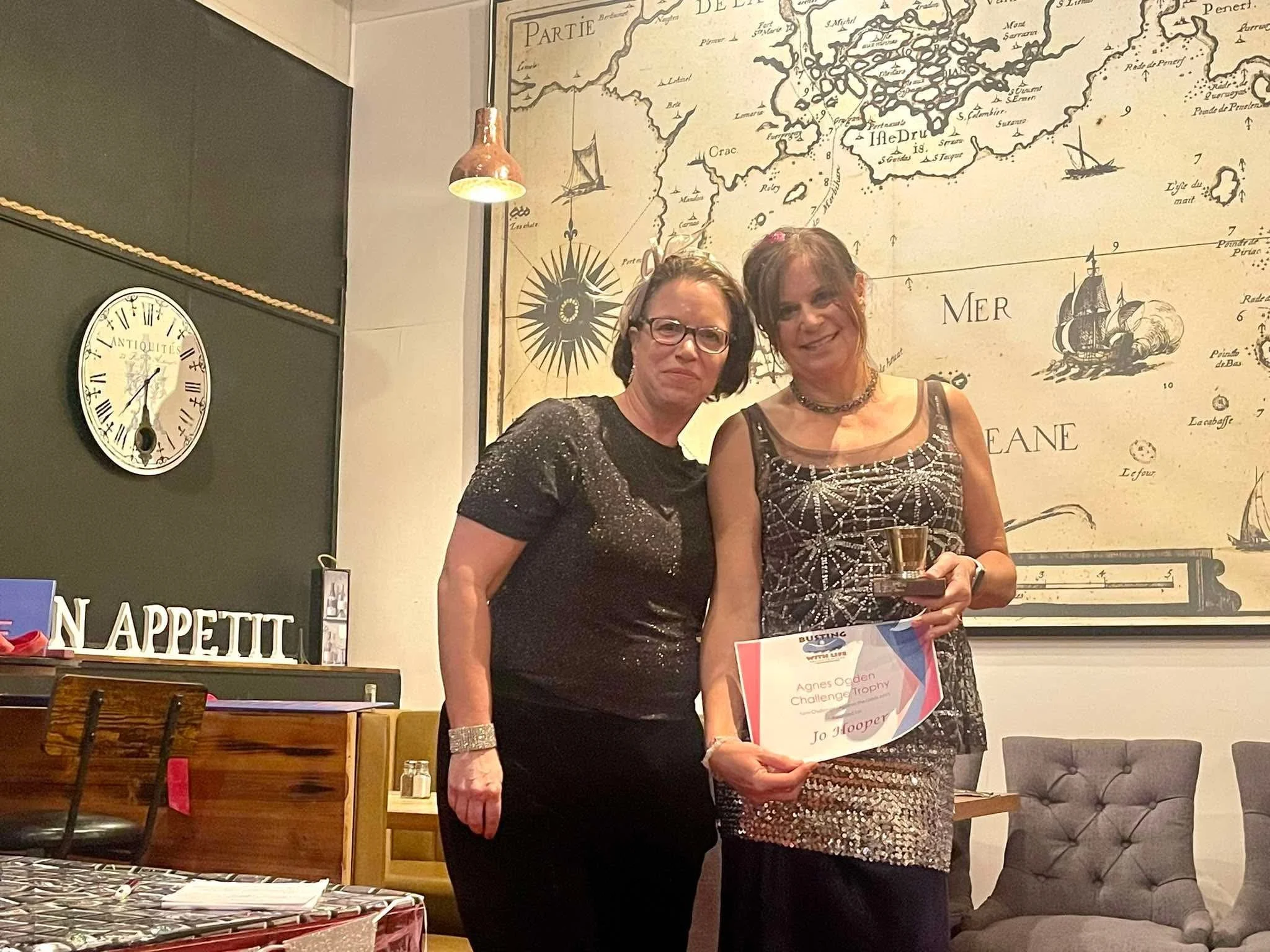  Agnes Ogden Challenge Trophy recipient Jo Hooper presented by Rosemary Geard - Busting With Life awards night - Rendezvous Cafe, Killarney Park, Lake Pupuke - May 2025 