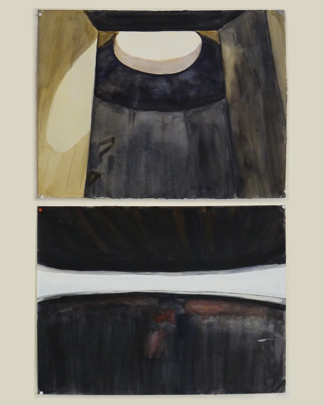 Int&eacute;rieur des blockhaus, nouvelle s&eacute;rie d&rsquo;aquarelles, 41 &times; 31 cm. Et mon regard qui se porte sur cette ligne d&rsquo;horizon, dans un questionnement infini, se superposant au regard des sentinelles post&eacute;es devant leur