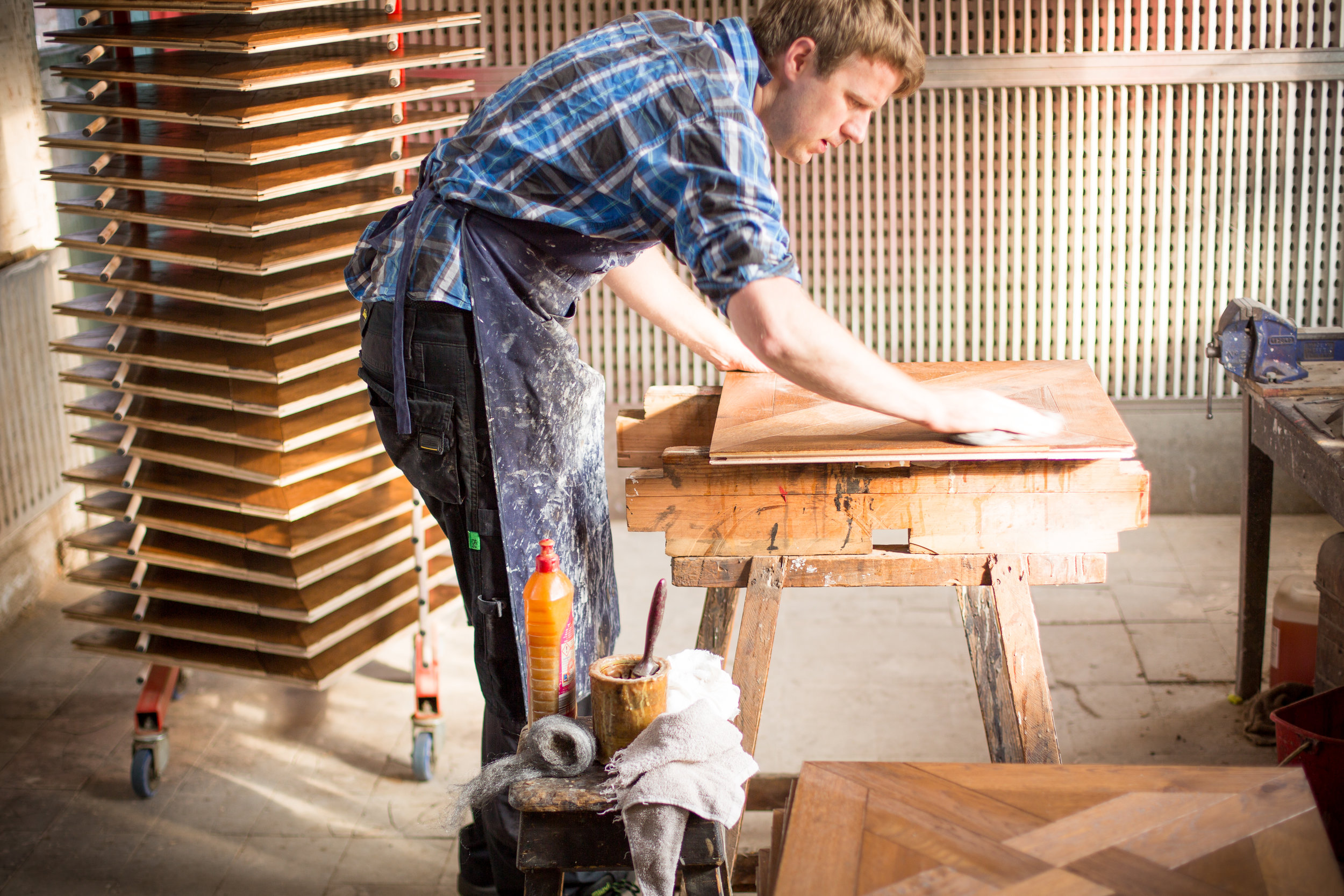 bespoke pattern panels being polished in the workshop