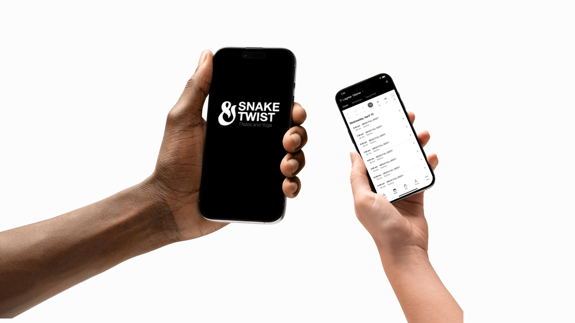 Two hands holding smartphones. The left hand holds a phone with a black screen displaying a logo for 'Snake Twist Pilates and Yoga'. The right hand holds a phone with a schedule or calendar app open showing a list of appointments or classes.