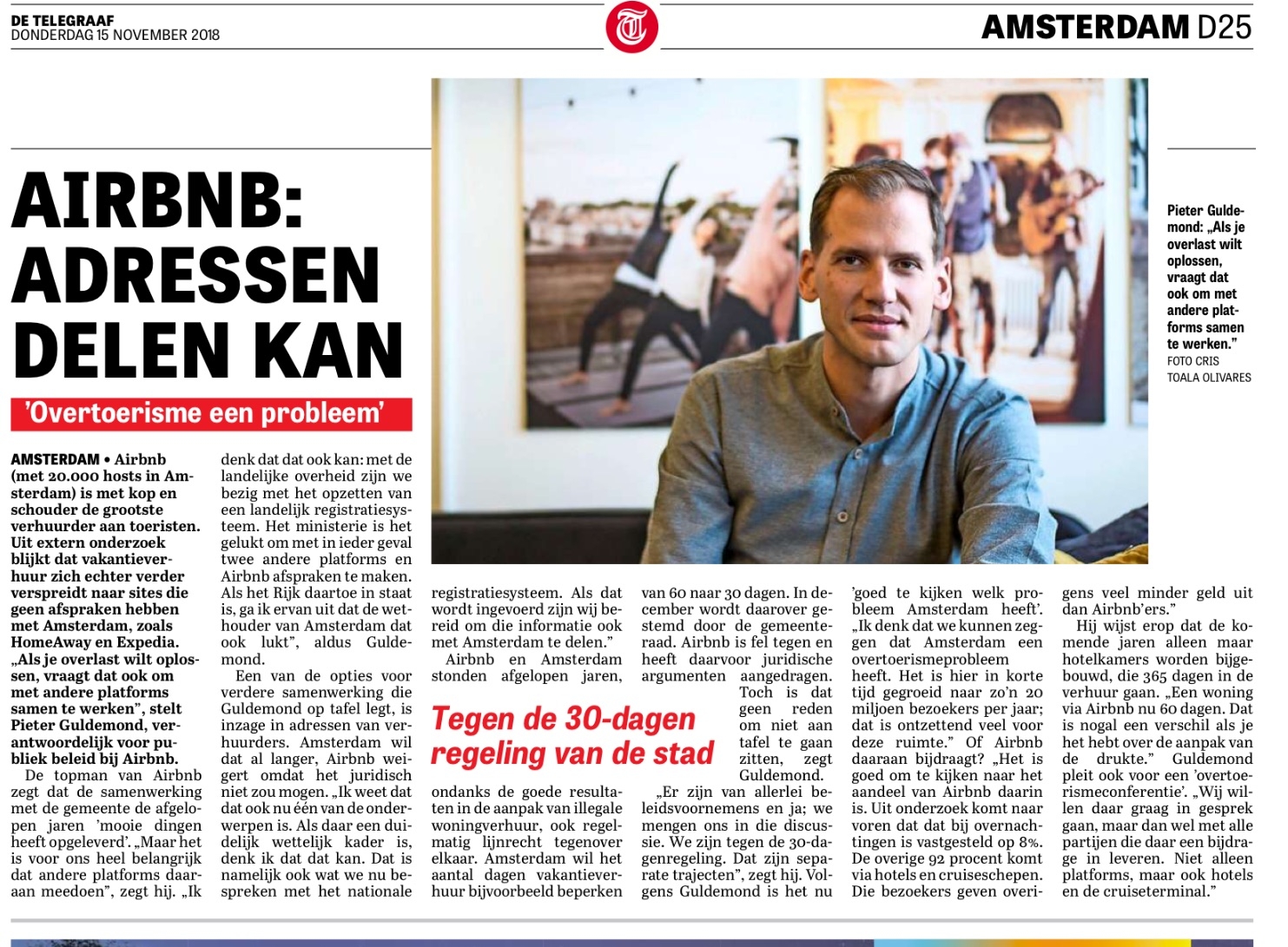 Telegraaf: Pieter Guldemond (Airbnb): ‘Adressen delen kan met landelijk registratiesysteem’