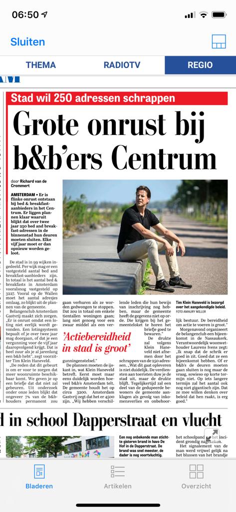 De Telegraaf: Grote onrust bij b&b'ers Centrum