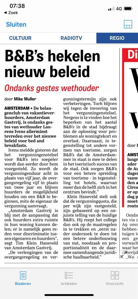 De Telegraaf: B&amp;B's hekelen nieuw beleid